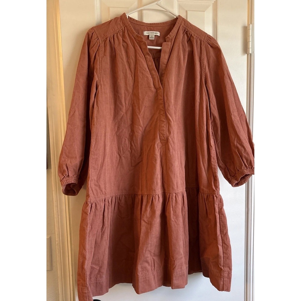 Free Assembly Women Small Dress Corduroy Peach 3/4 Ballon Sleeve Lagenlook